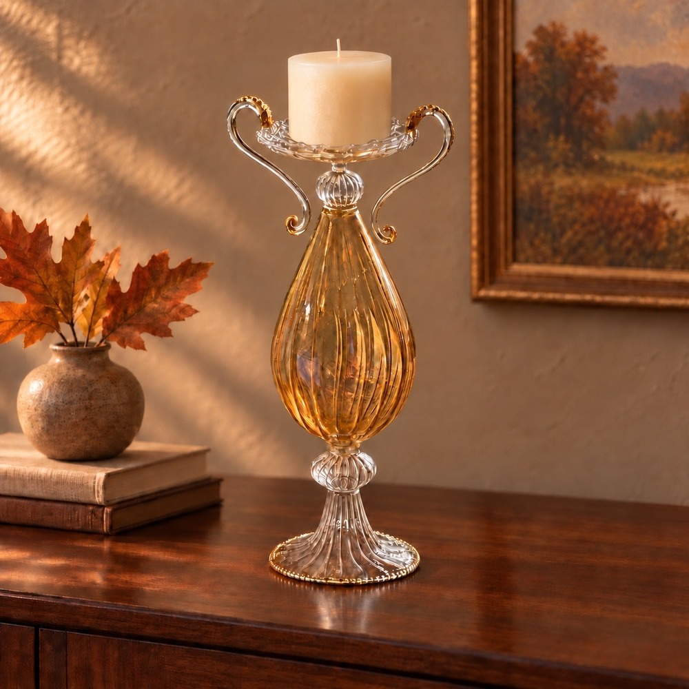 Vintage 1998 Bombay Iridescent Amber Glass Pillar Candle Holder NIB 14.5"